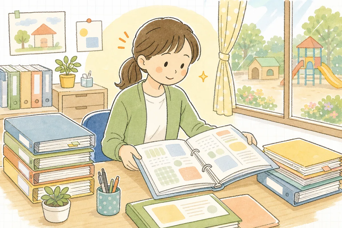 引き継ぎのファイルが積まれた事務机で、ひとつずつ中身を確かめながら少しずつ落ち着きを取り戻していく新任の保育園事務担当者