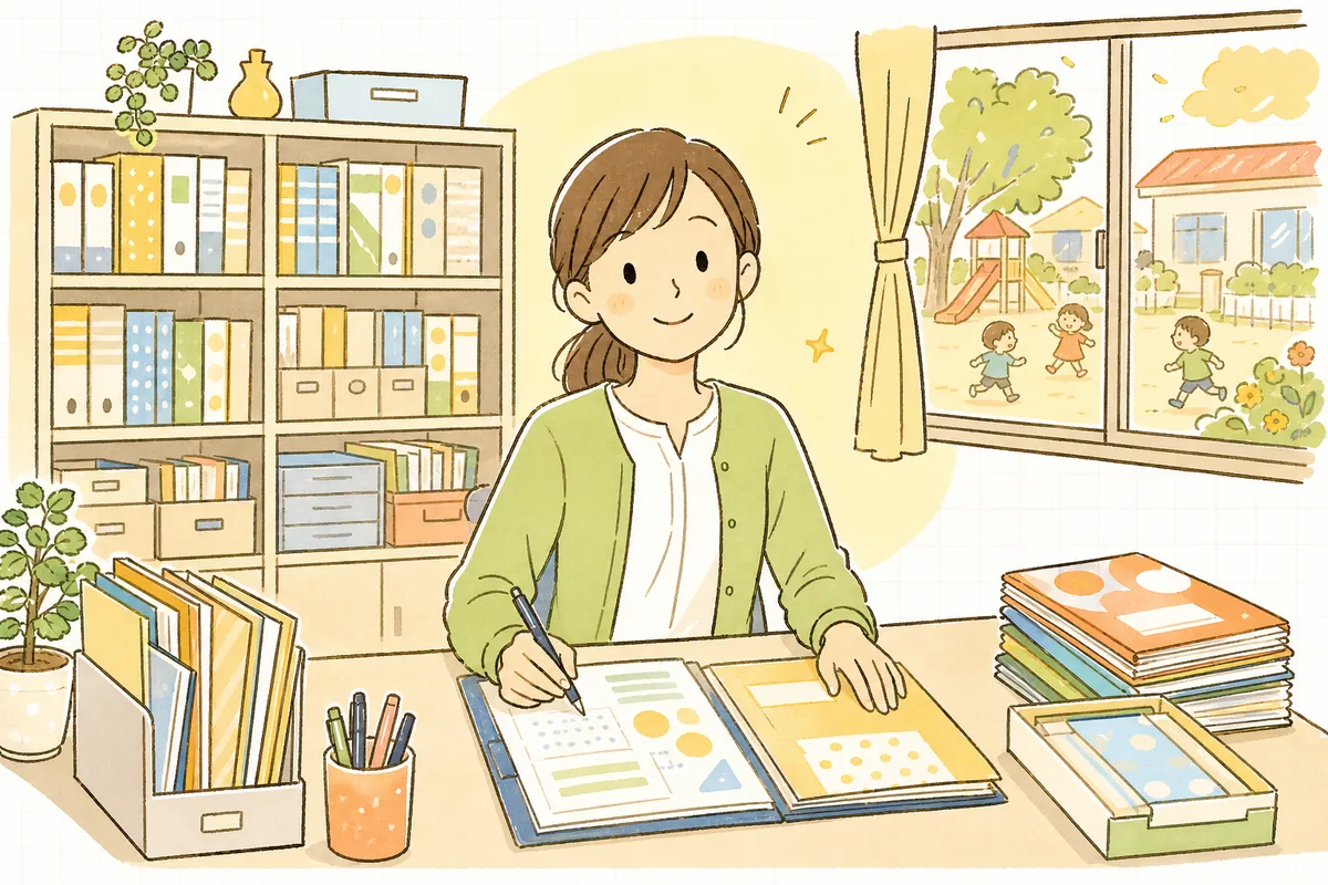 3か月を過ごした事務室で、整理された棚を背にして落ち着いた笑顔を見せる保育園の事務担当者