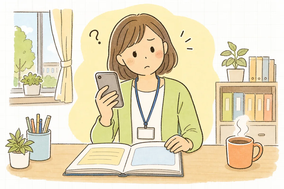 早朝の保育園の事務室で、机の上の連絡ノートと手に持ったスマートフォンを見比べて、どちらに書けばいいか迷っている事務担当者