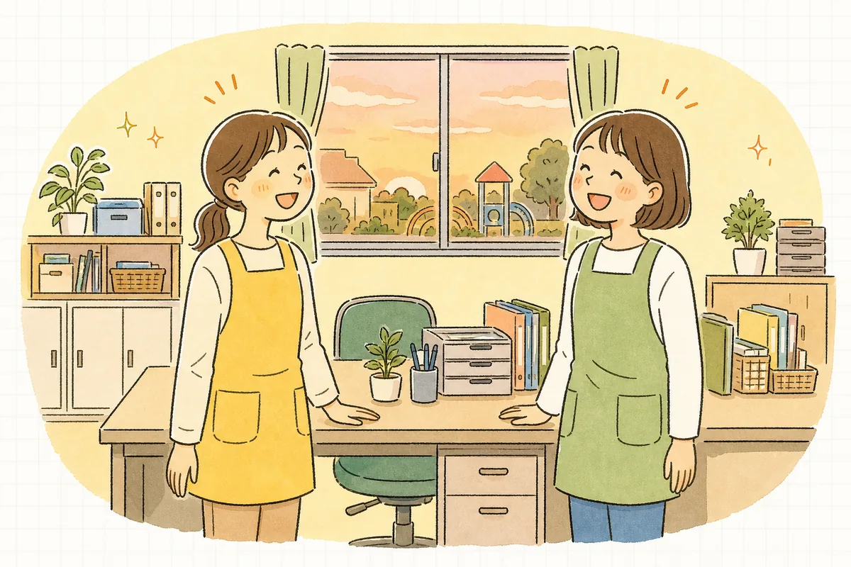 夕方の保育園の事務室で、片付いた机の前に立つ職員ふたりが、肩の力を抜いて笑い合っている様子