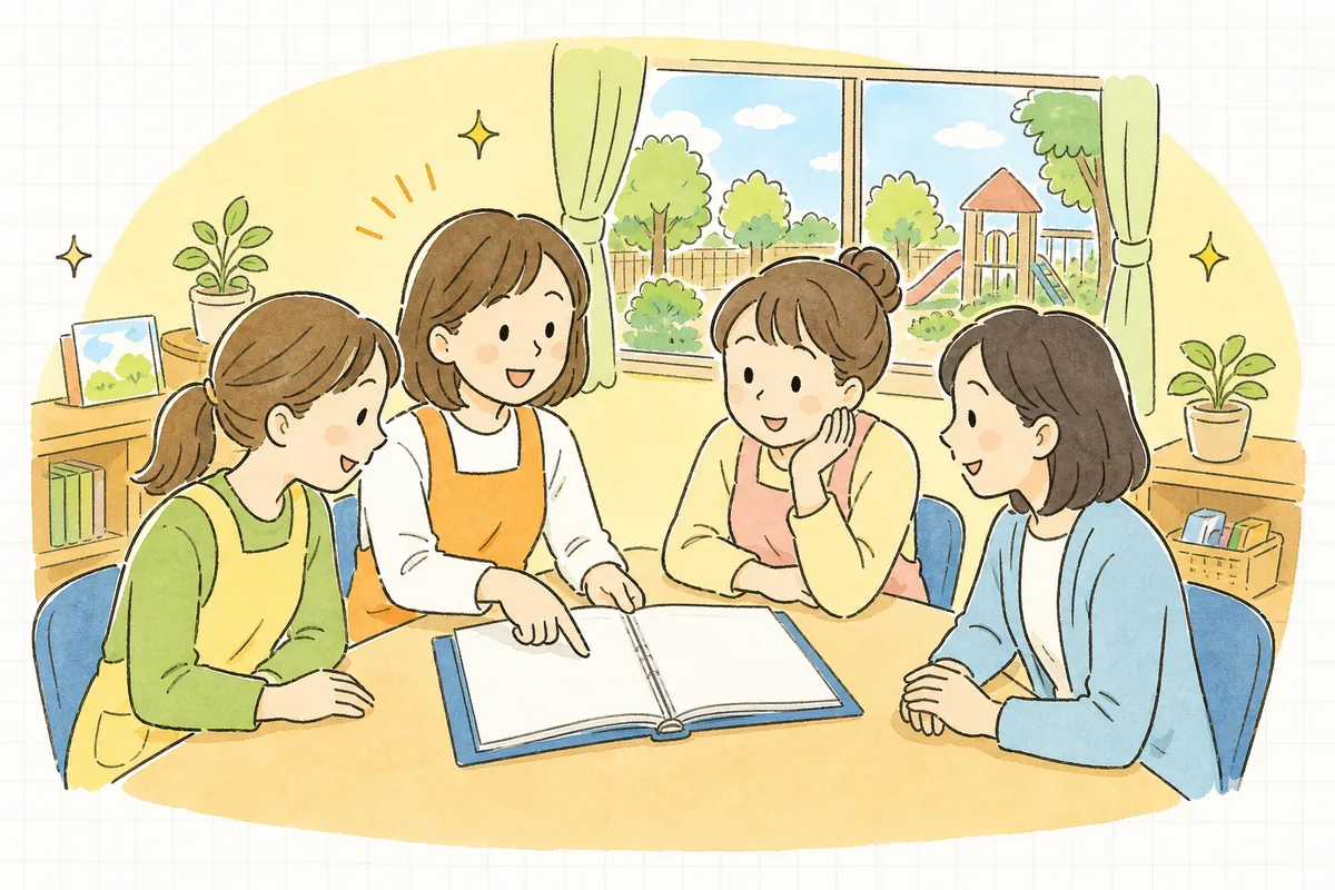 明るい昼の職員室で、保育士たちが記録のファイルを囲んで笑顔で話している場面
