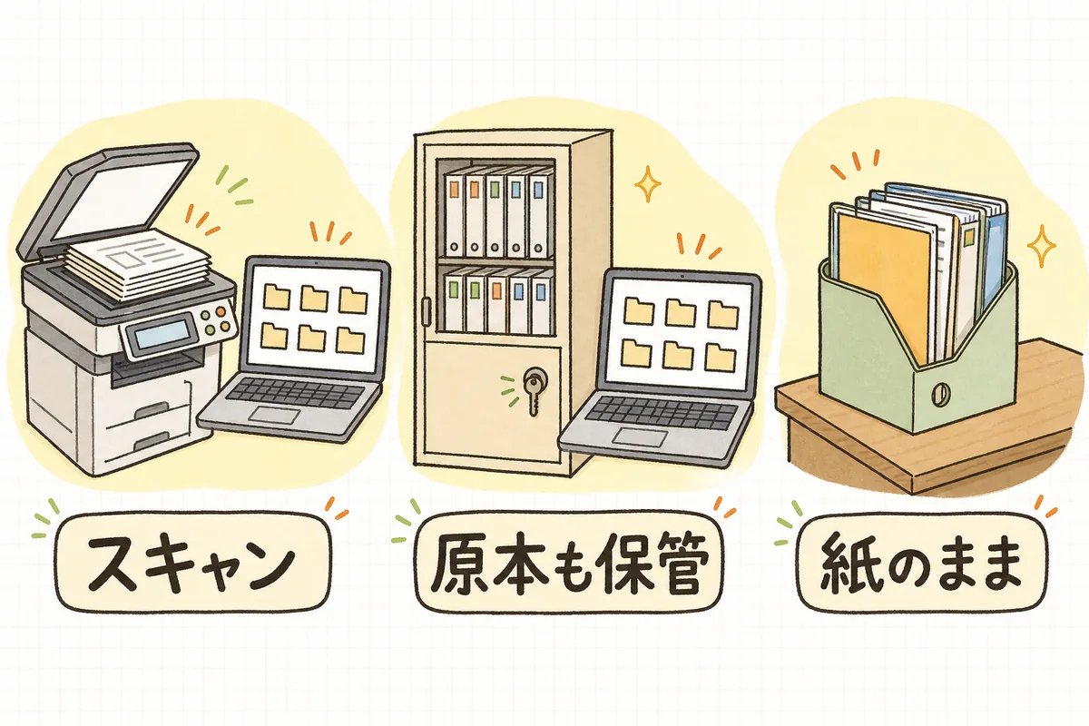 紙書類を「スキャン」「原本も保管」「紙のまま」の3つに分けた考え方を示す図