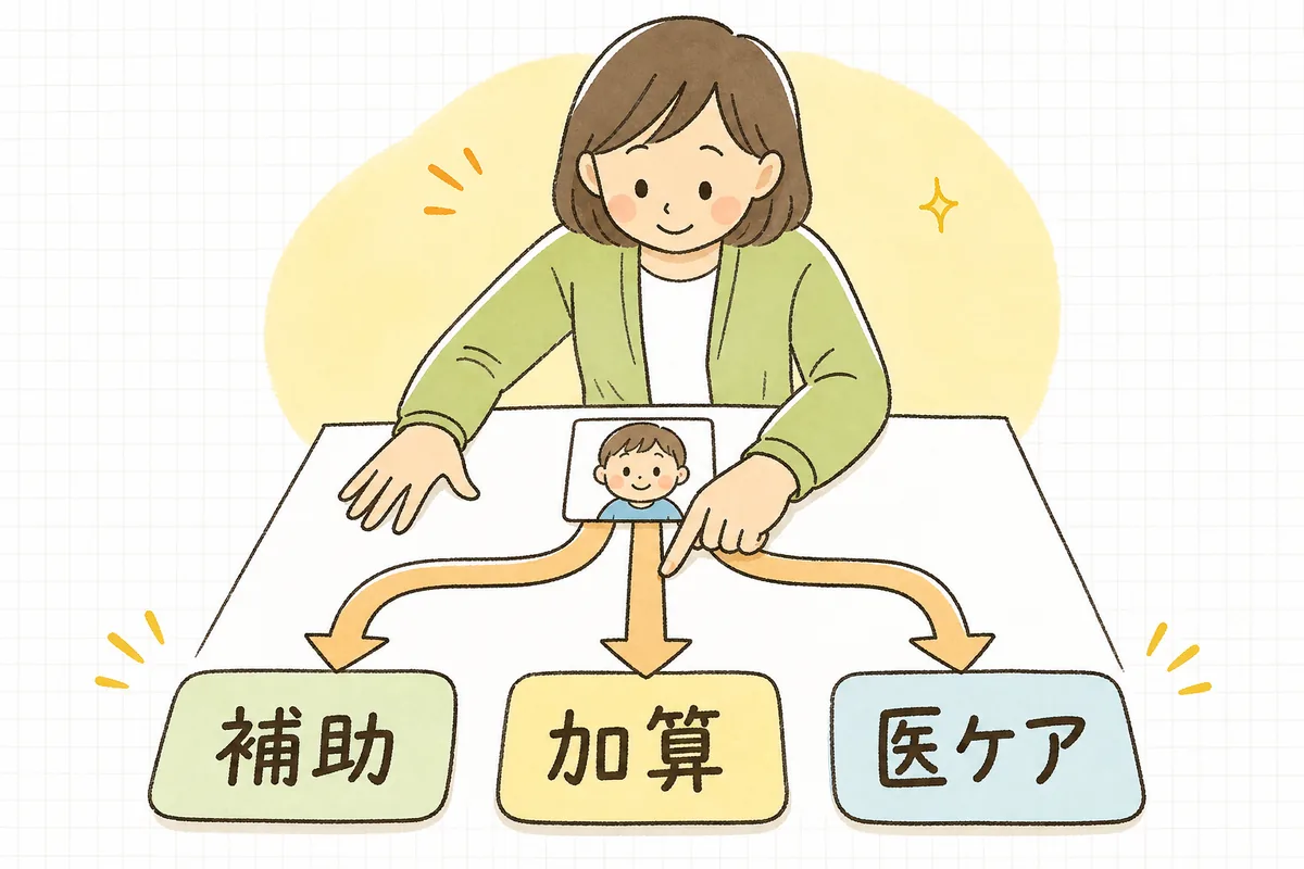障害児保育の支援が「市町村の補助」「公定価格の加算」「医療的ケア児支援」の3つのルートに分かれていることを示した図