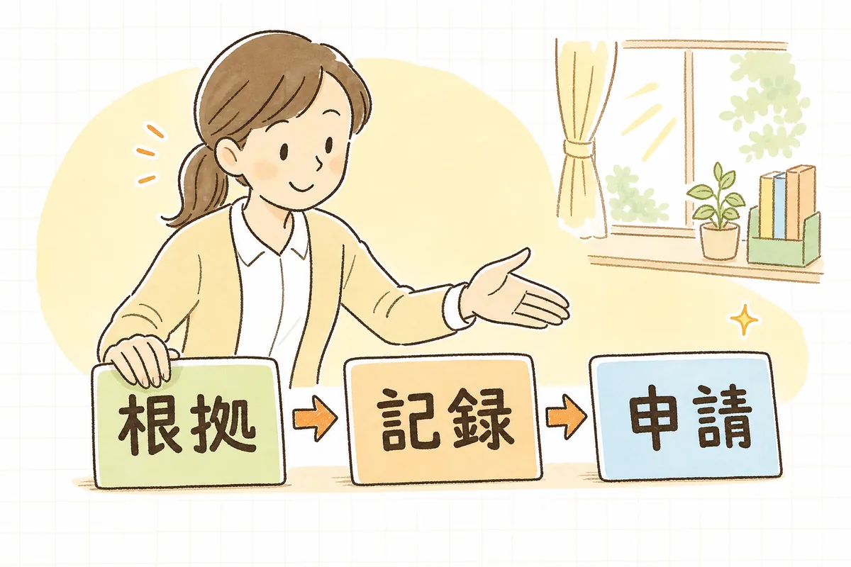 「対象の根拠を集める→受け入れ・配置を記録する→市町村へ申請・報告する」の3ステップで障害児保育の補助対応を整える図
