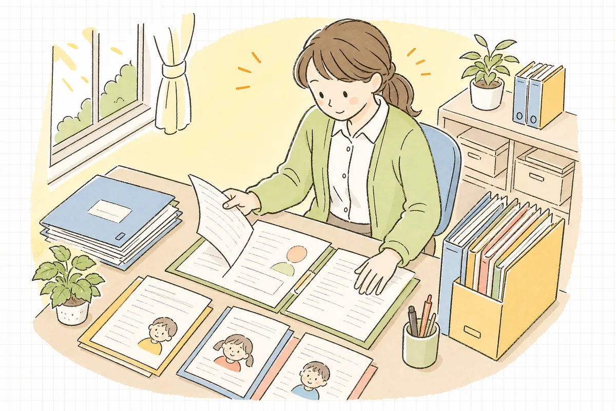 障害児保育の補助に関する書類を机に広げ、対象児の記録を確認している保育園の事務担当者