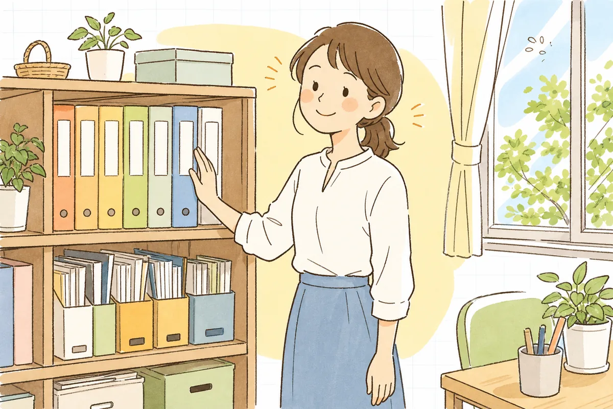 改定した就業規則を職員室の書棚のいちばん手に取りやすい場所に立てて置き、ほっとした表情でこちらを見ている保育園の事務担当者