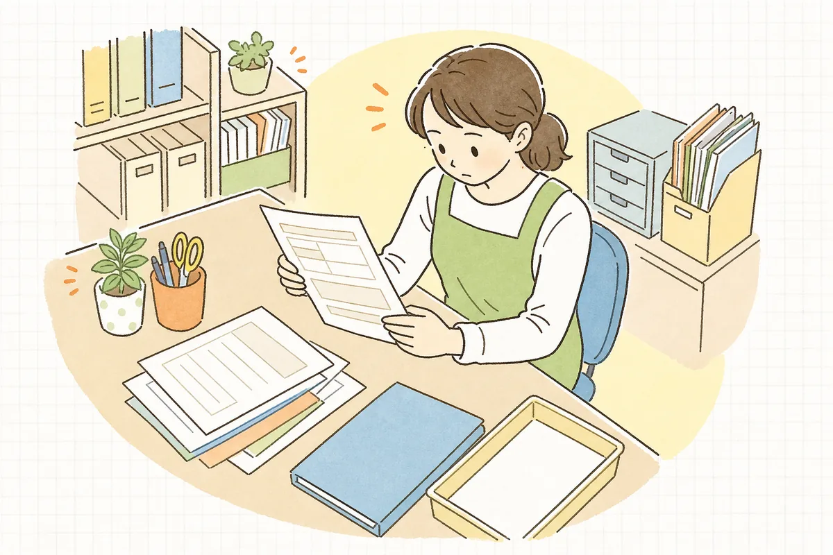 保護者から預かった就労証明書を手に、記入もれがないか一枚ずつ確かめている保育園の事務担当者