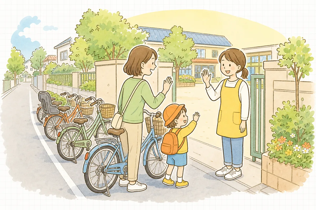 朝の保育園の門の前で、自転車を降りた保護者と子ども、案内に立つ職員が笑顔で挨拶を交わしている場面