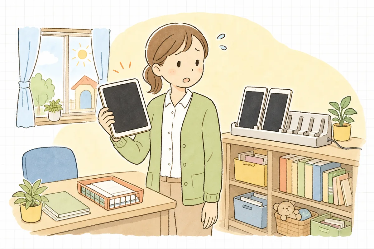 朝の保育園の事務室で、充電台に戻っていないタブレットを手に取り、画面が真っ暗なのを見て困った顔をしている事務職員