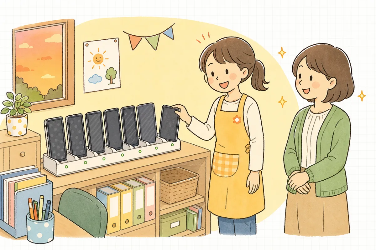 夕方の保育園の事務室で、番号順に並んで充電されているタブレットを見て、保育士と事務職員がほっとした笑顔を交わしている場面