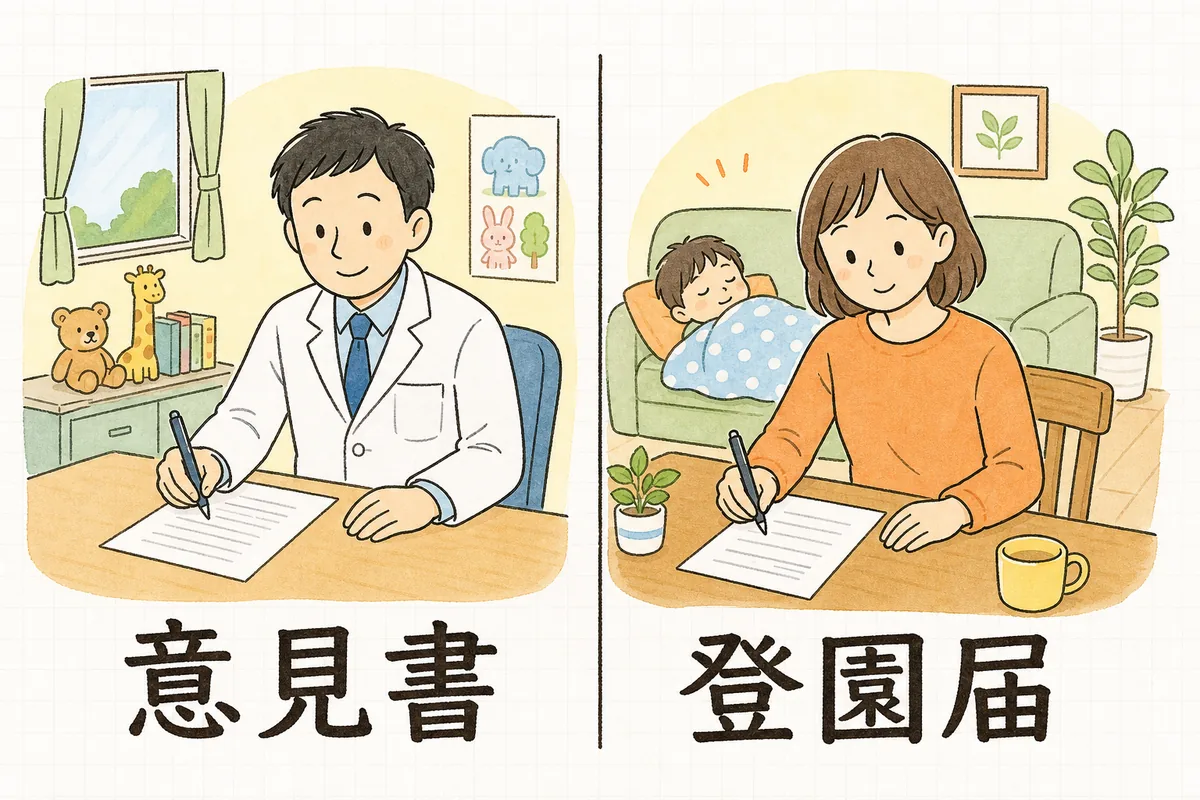 左に医師が診察室の机で書類に記入する場面、右に保護者が自宅の食卓で書類に記入する場面を並べ、それぞれの下にどちらの書類かを示した図