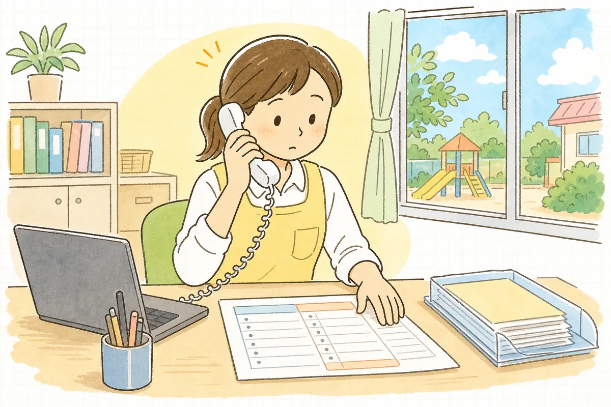 保育園の事務室で、感染症で欠席する子の保護者からの電話を受けながら、書類の一覧を手元で確認している事務担当者