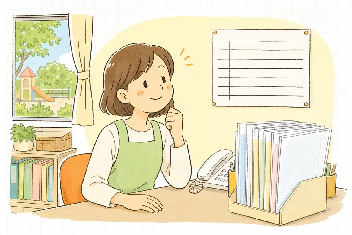 事務室の壁に貼った感染症の一覧を見ながら、落ち着いた表情でほほえむ保育園の事務担当者