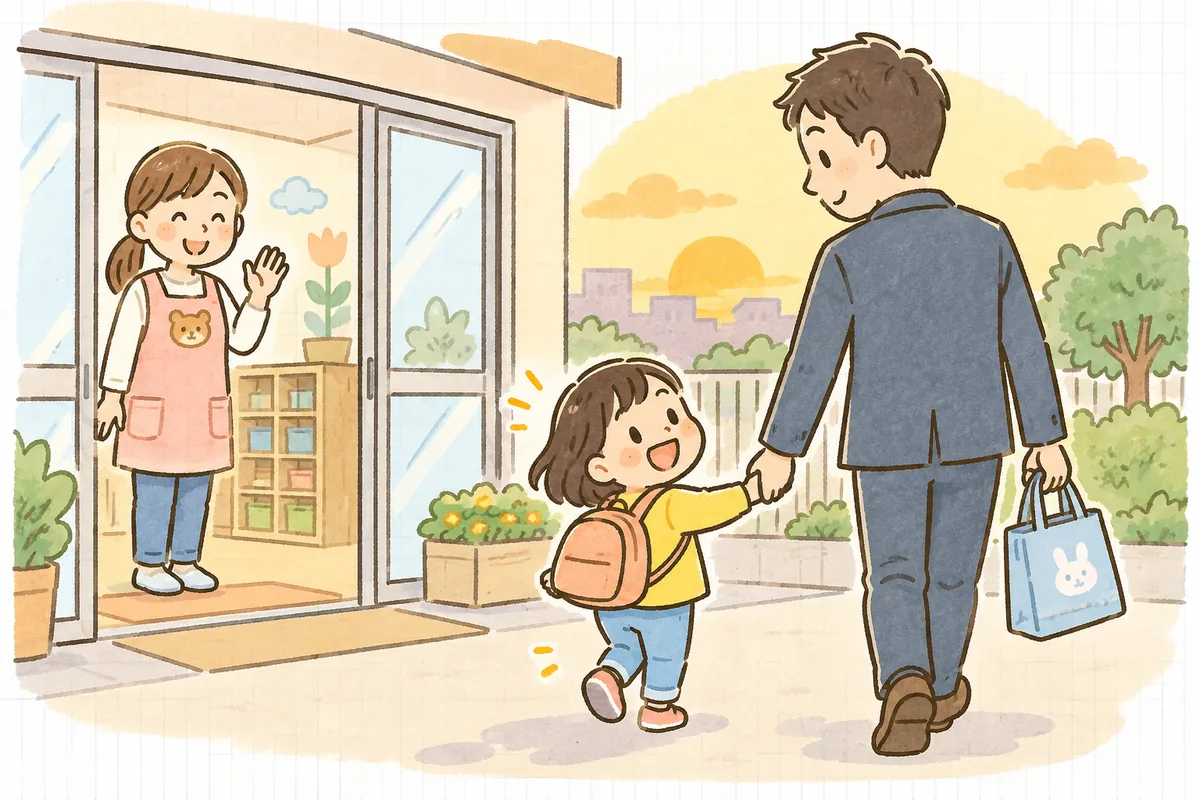 夕方の保育園の玄関で、持ち物の袋を受け取った保護者と子どもが笑顔で帰っていき、保育士がにこやかに見送っている場面