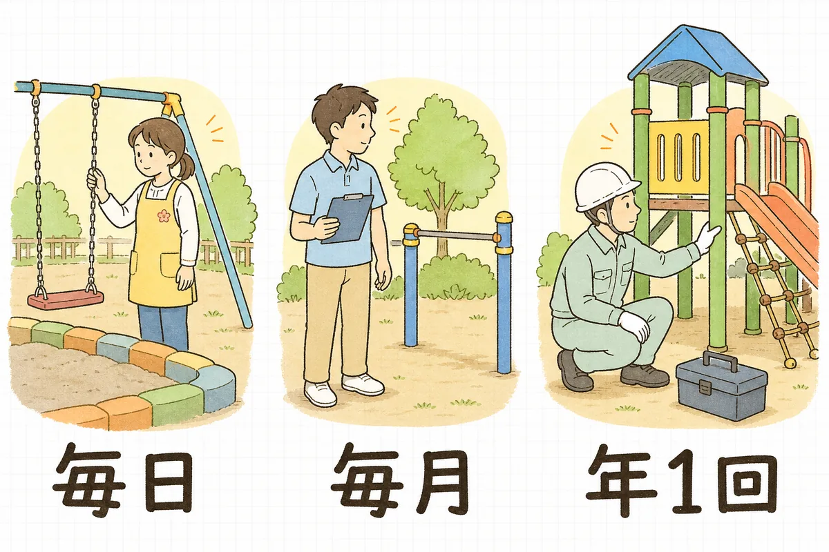 保育園の安全点検を毎日・毎月・年1回の3つの層に分け、それぞれ誰がどのように点検するかを左から順に並べた図