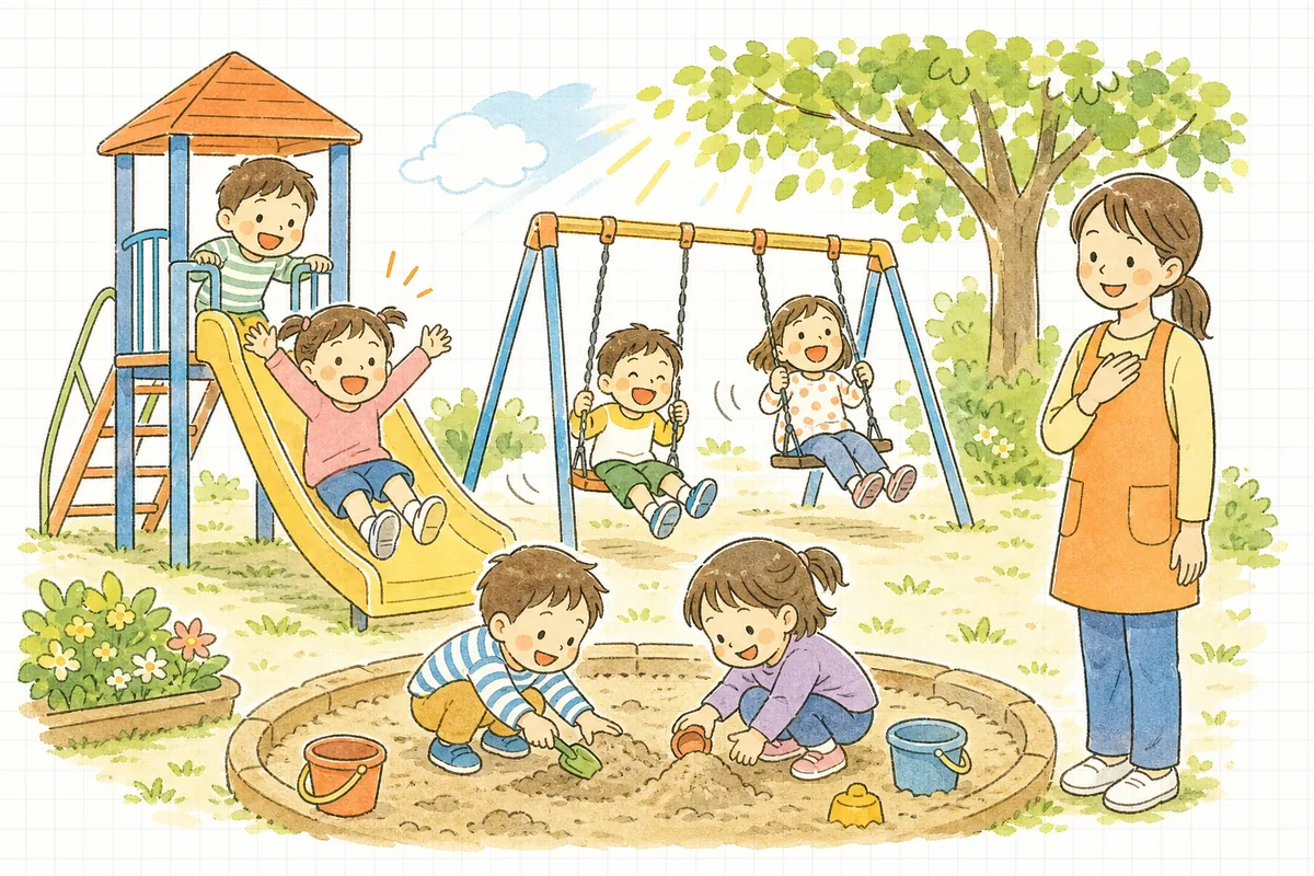 点検の終わった園庭で、子どもたちがすべり台やブランコで元気に遊び、それを職員がおだやかに見守っている場面