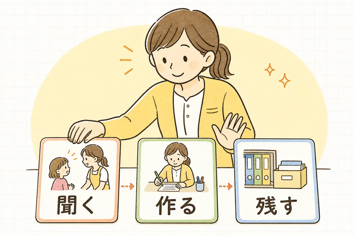 「用途を聞く→園の様式で作る→台帳に記録して控えを残す」の順に証明書を発行する3ステップの図