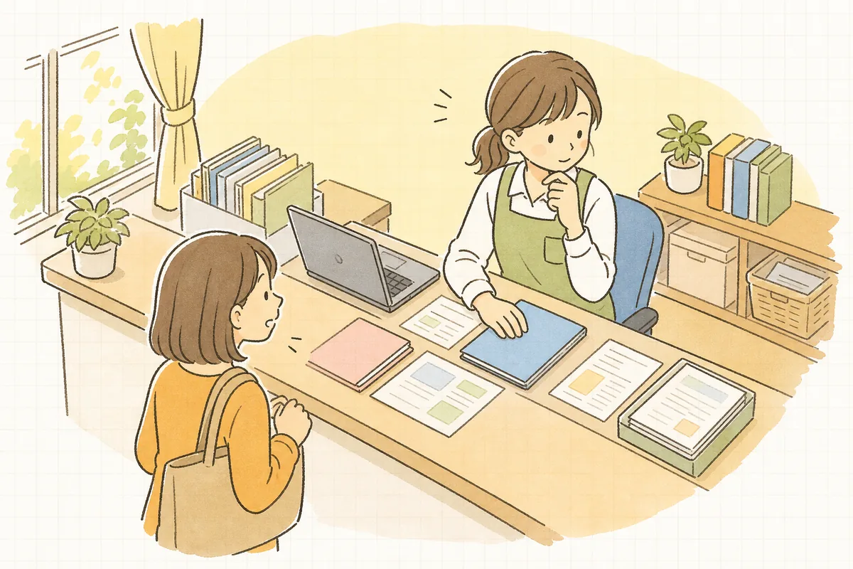 保護者から在園証明書の発行を頼まれ、園の様式を確認しながら書類を用意しようとしている保育園の事務担当者