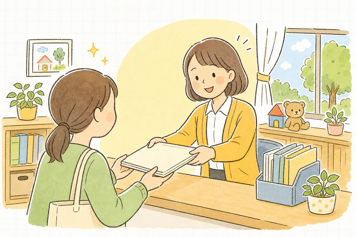 用意した在園証明書を封筒に整え、カウンターでにこやかに保護者へ渡そうとしている保育園の事務担当者